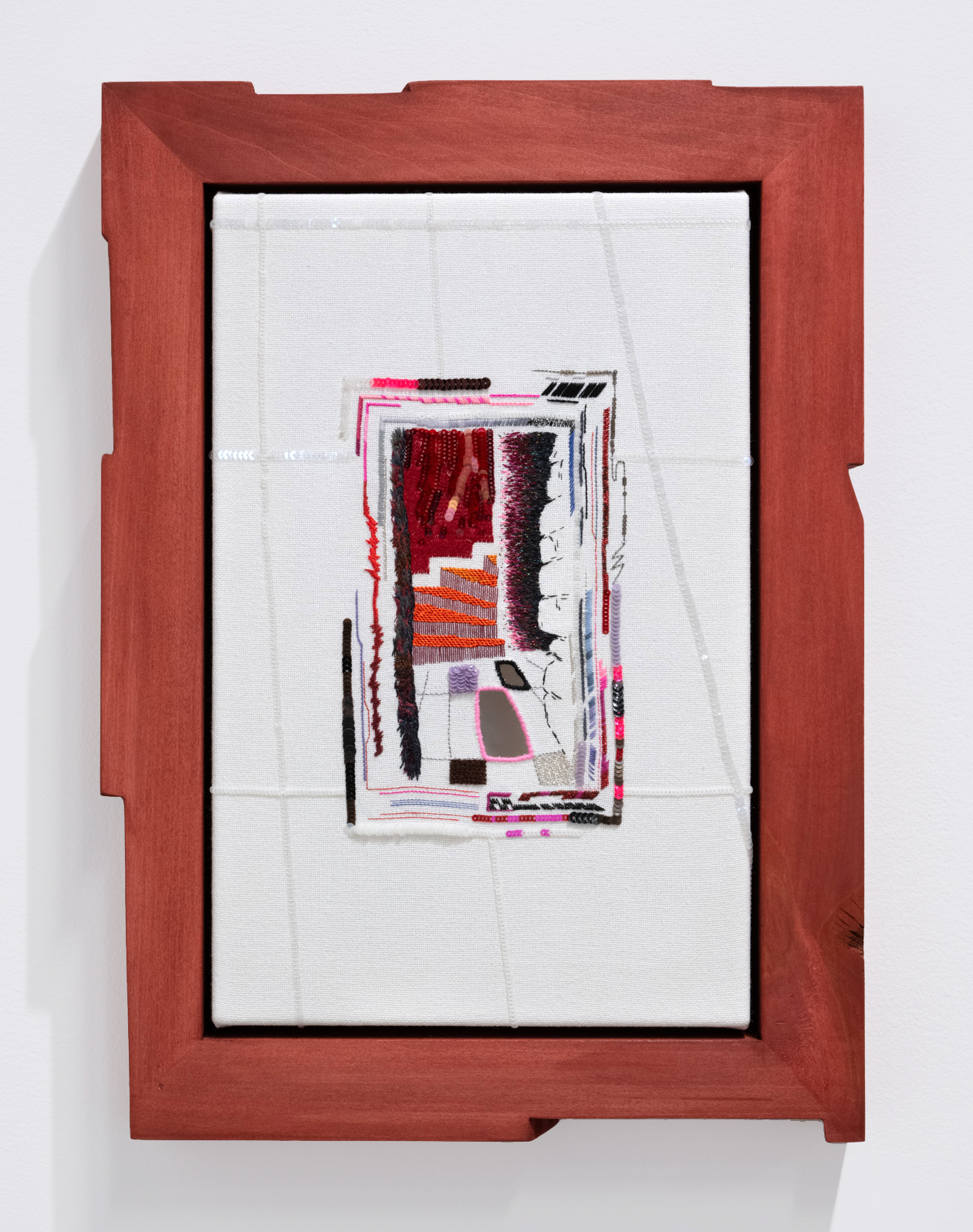 Théo Bignon. He must have left. I'm still down here waiting, 2024. Mix Media embroidery on cotton, stained basswood. Photo by Paul Litherland. theobignon.com